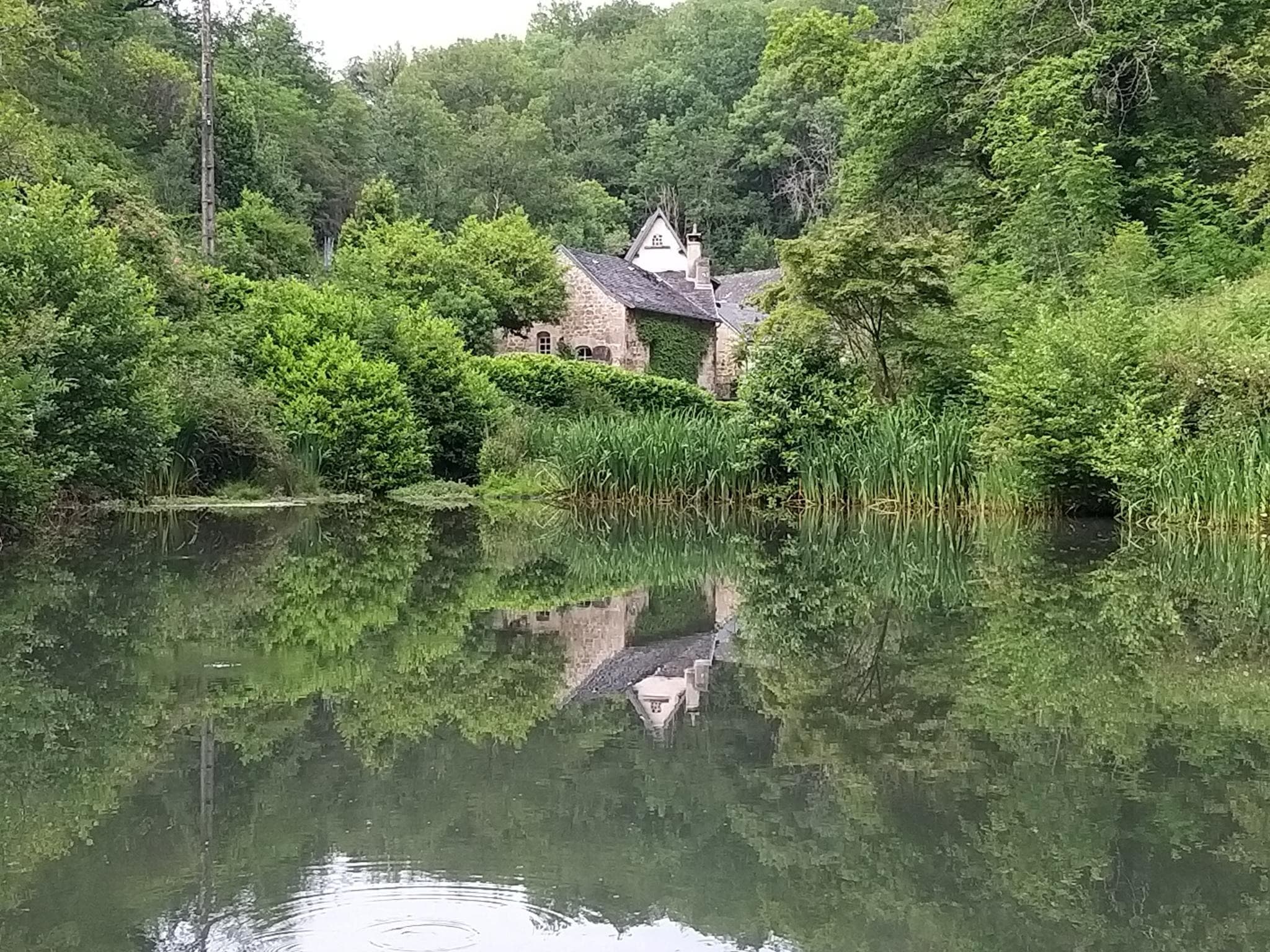 Le moulin de Vignars et son reflet dans l'étang naturel entouré de verdure
